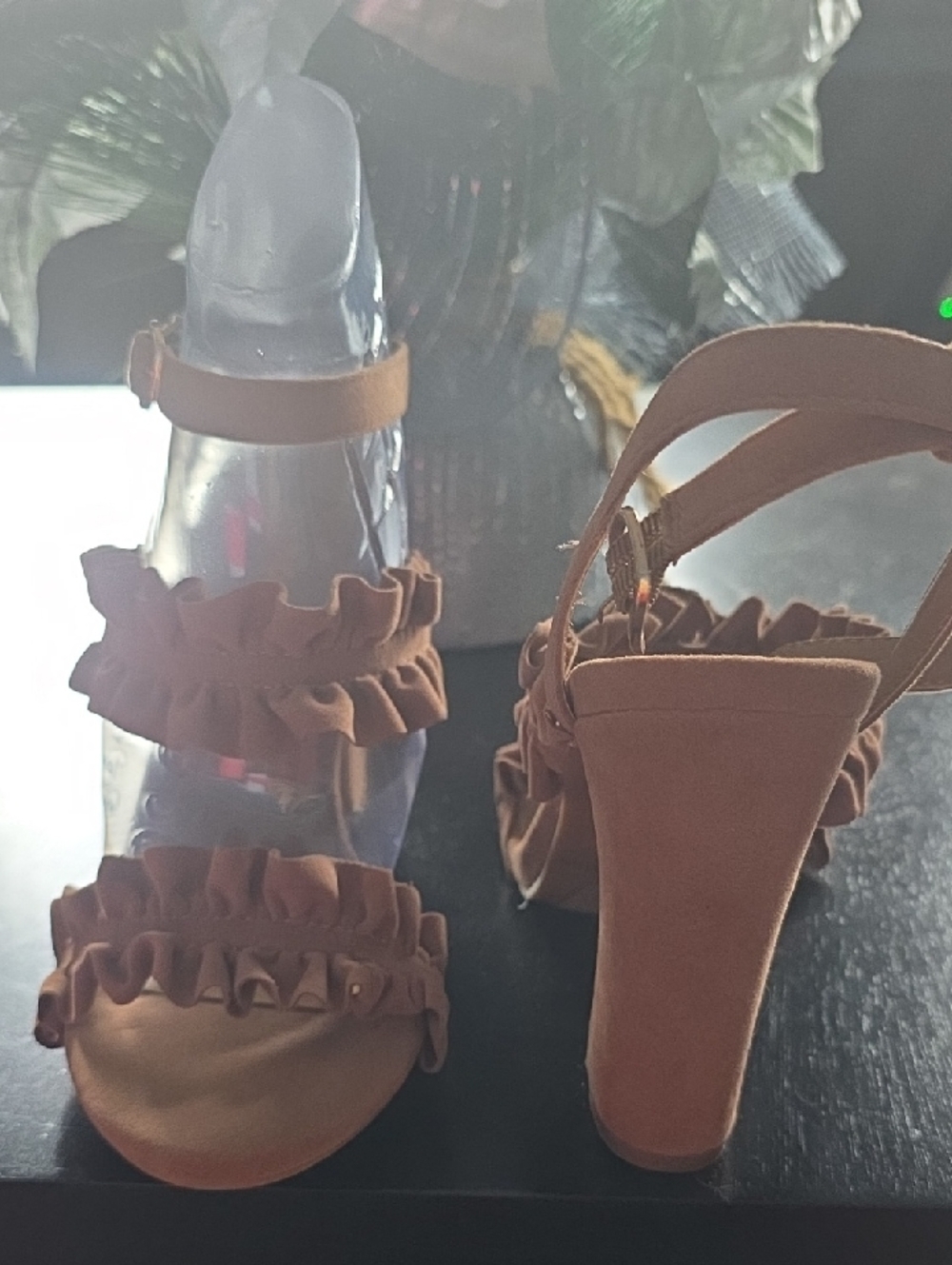 BAMBOO Ruffle Strap Platform Heels in Brown